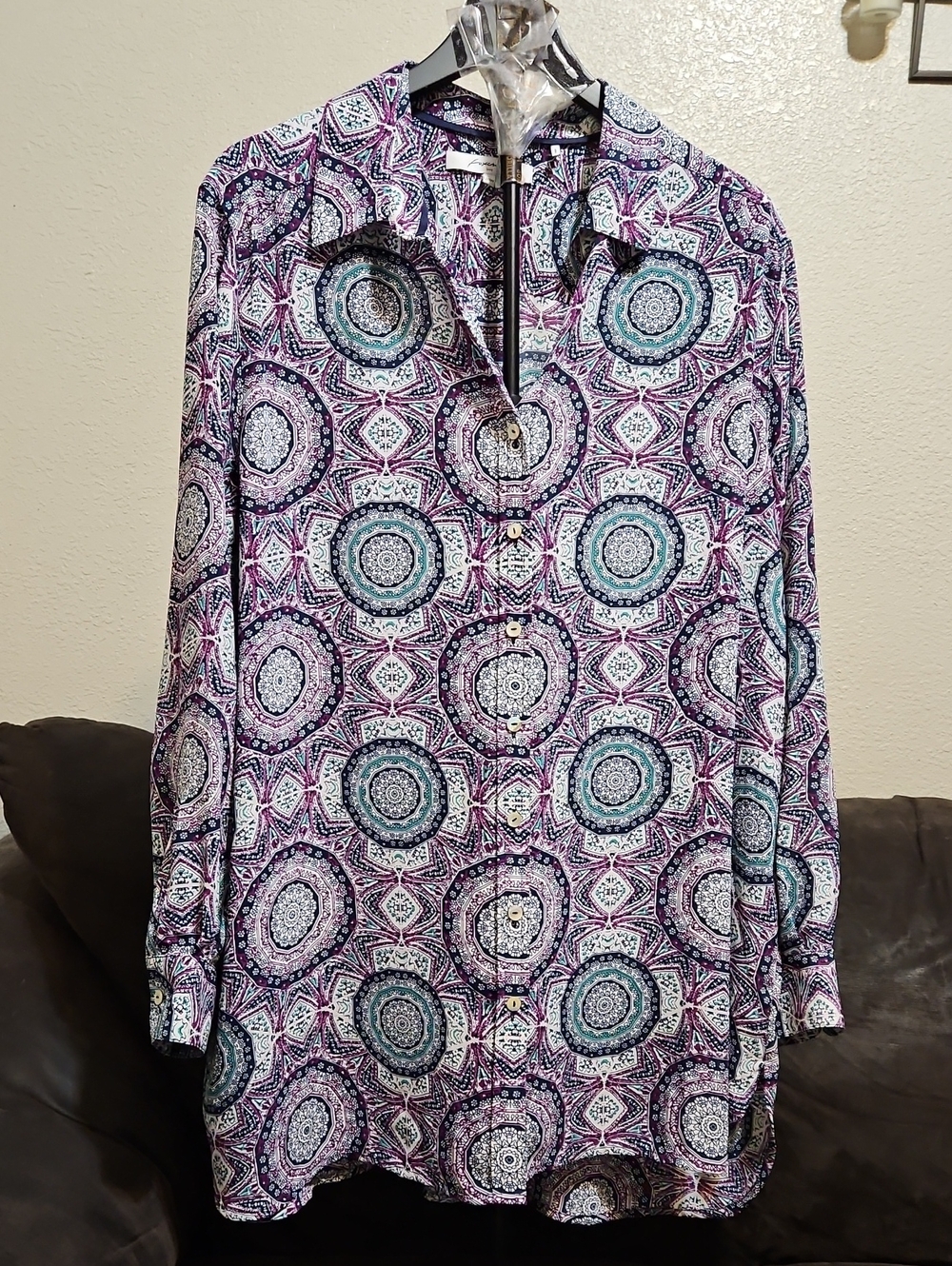 Foxcroft Purple and Teal Medallion Button-Down Blouse